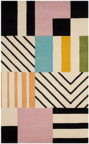 SAFAVIEH Fifth Avenue Collection 5' x 8' Ivory / Black FTV122A Handmade Mid-Century Modern Abstract Wool Area Rug