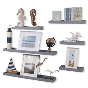 Wallniture Philly Floating Shelves for Wall Collage, Picture Ledge and Varying Sizes Bookshelf for Living Room Decor, Set of 6, Gray