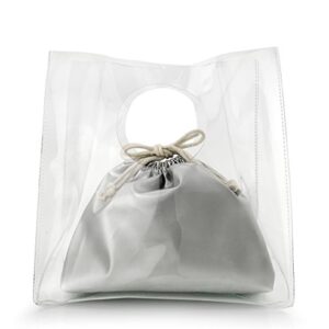 HOXIS Minimalist Clear Handbag Women's Clutch with Pu Leather Drawstring Pouch (Silver) Medium