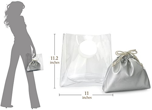 HOXIS Minimalist Clear Handbag Women's Clutch with Pu Leather Drawstring Pouch (Silver) Medium