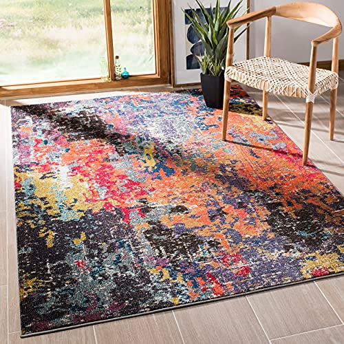 SAFAVIEH Monaco Collection 5'1" x 7'7" Blue/Orange MNC266M Modern Boho Abstract Non-Shedding Living Room Bedroom Area Rug