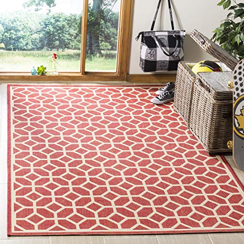 SAFAVIEH Linden Collection 8' x 10' Red/Cream LND127Q Geometric Indoor/ Outdoor Non-Shedding Easy scrubbing Patio Backyard Porch Deck Mudroom Area-Rug