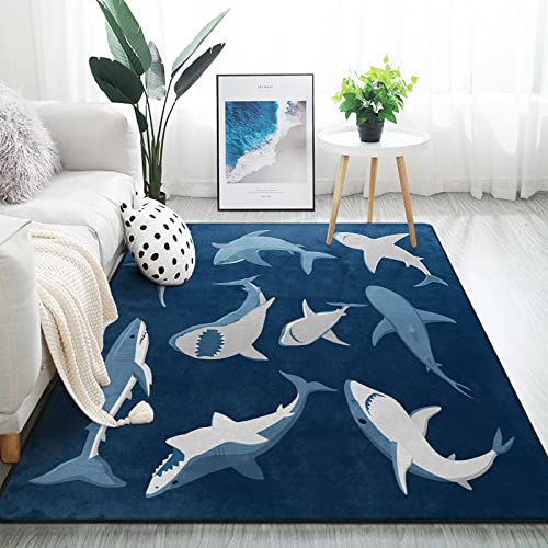 ALAZA Blue Cartoon Shark Print Area Rug Rugs for Living Room Bedroom 7' x 5'