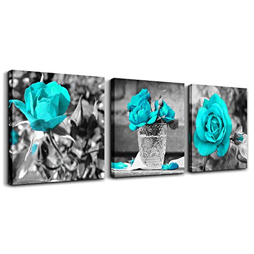 Canvas Wall Art For Bedroom Wall Decor For Living Room Black And White Wall Paintings Blue Rose Flowers Pictures Watercolor Giclee Canvas Prints Ready To Hang Room For Girls Home Decoration 3 Pieces