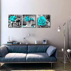 Canvas Wall Art For Bedroom Wall Decor For Living Room Black And White Wall Paintings Blue Rose Flowers Pictures Watercolor Giclee Canvas Prints Ready To Hang Room For Girls Home Decoration 3 Pieces