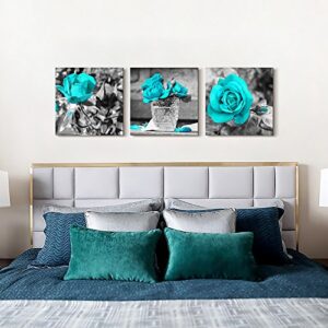 Canvas Wall Art For Bedroom Wall Decor For Living Room Black And White Wall Paintings Blue Rose Flowers Pictures Watercolor Giclee Canvas Prints Ready To Hang Room For Girls Home Decoration 3 Pieces