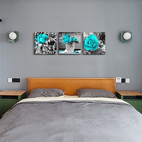 Canvas Wall Art For Bedroom Wall Decor For Living Room Black And White Wall Paintings Blue Rose Flowers Pictures Watercolor Giclee Canvas Prints Ready To Hang Room For Girls Home Decoration 3 Pieces