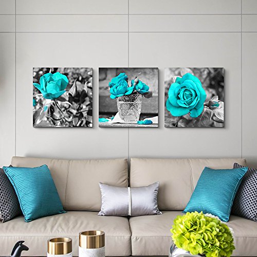 Canvas Wall Art For Bedroom Wall Decor For Living Room Black And White Wall Paintings Blue Rose Flowers Pictures Watercolor Giclee Canvas Prints Ready To Hang Room For Girls Home Decoration 3 Pieces