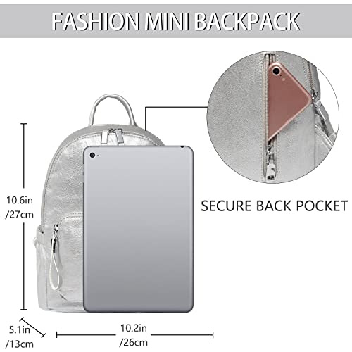 VASCHY Mini Backpack Purse, Cute Faux Leather Small Backpack Purse for Women and Teen Girls with Double Compartment Silver