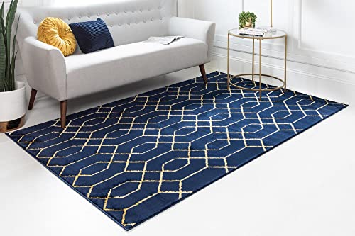 Unique Loom Glam Collection Geometric, Trellis, Metallics, Modern, Chic Area Rug, 4 ft 0 in x 6 ft 0 in, Navy Blue/Gold