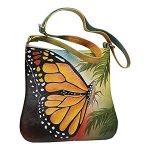 Handpainted Butterfly Shoulder Bag - Leather Crossbody Strap Lined Purse