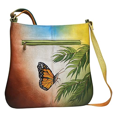 Handpainted Butterfly Shoulder Bag - Leather Crossbody Strap Lined Purse