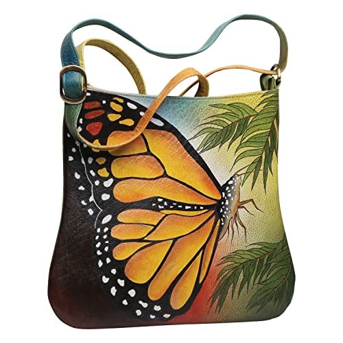 Handpainted Butterfly Shoulder Bag - Leather Crossbody Strap Lined Purse