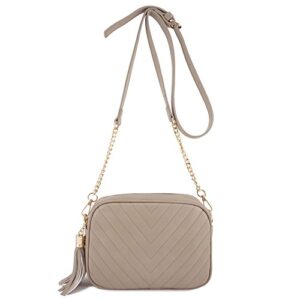 simple shoulder crossbody bag with metal chain strap and tassel top zipper (taupe)