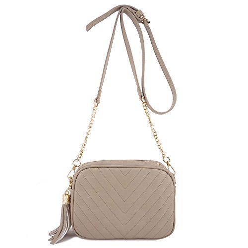 Simple Shoulder Crossbody Bag With Metal Chain Strap And Tassel Top Zipper (Taupe)