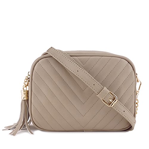 Simple Shoulder Crossbody Bag With Metal Chain Strap And Tassel Top Zipper (Taupe)