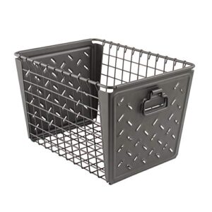 spectrum diversified macklin, stamped steel & wire basket for closet & cubby storage vintage-inspired design with customizable label plate, medium, industrial gray