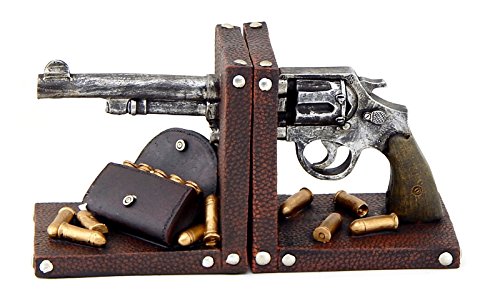 Bellaa 26317 Vintage Pistol Bookends Gun Six-Shooter Revolver Bullets Man Cave Book Shelf Firearm Deco Weapons Fire Arms Rustic Western Cowboy Mans Cave 6 Inch Tall