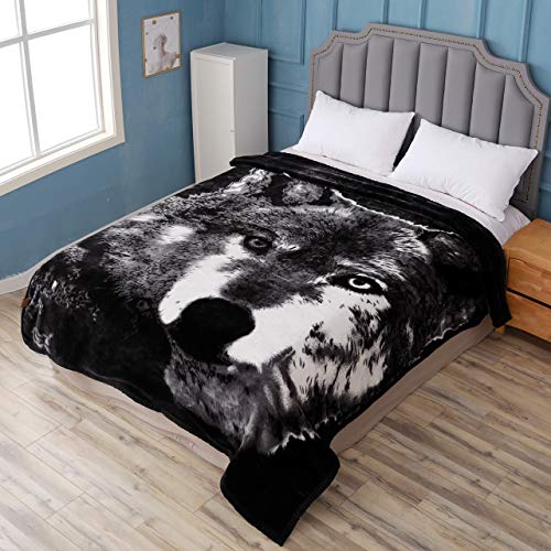 Hiyoko Wolf Throw Animal Blanket Queen Faux Fur Blanket 75" W x 90" H Ultra Plush Korean Comfy, Safari Mink, Warm