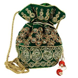 purpledip potli bag (clutch, drawstring purse) for women with intricate gold thread & sequin embroidery work, green (10039)