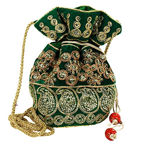 Purpledip Potli Bag (Clutch, Drawstring Purse) For Women With Intricate Gold Thread & Sequin Embroidery Work, Green (10039)