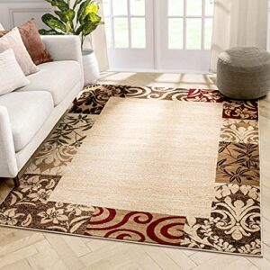 verdant vines beige modern damask border rug 3×5 4×6 (3’11” x 5’3″) casual oriental easy clean stain fade resistant shed free contemporary floral formal gradient soft living dining room rug