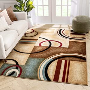 well woven deco rings ivory geometric modern casual area rug (5’3″ x 7’3″) easy to clean stain fade resistant shed free abstract contemporary color block boxes lines soft living dining room rug