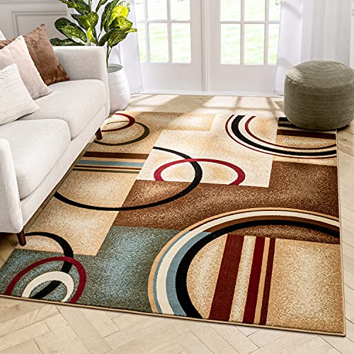 Well Woven Deco Rings Ivory Geometric Modern Casual Area Rug (5'3" x 7'3") Easy to Clean Stain Fade Resistant Shed Free Abstract Contemporary Color Block Boxes Lines Soft Living Dining Room Rug