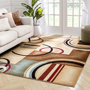 Well Woven Deco Rings Ivory Geometric Modern Casual Area Rug (5'3" x 7'3") Easy to Clean Stain Fade Resistant Shed Free Abstract Contemporary Color Block Boxes Lines Soft Living Dining Room Rug