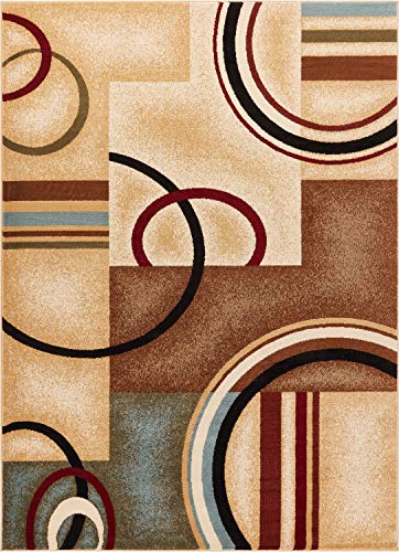 Well Woven Deco Rings Ivory Geometric Modern Casual Area Rug (5'3" x 7'3") Easy to Clean Stain Fade Resistant Shed Free Abstract Contemporary Color Block Boxes Lines Soft Living Dining Room Rug