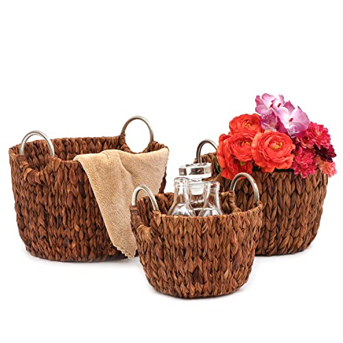 Trademark Innovations Set of 3 Round Hyacinth Baskets with Stainless Steel Handles-Rich Chocolate Finish