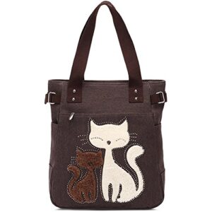 kaukko women canvas handbag shoulder bag cat big tote bag coffee