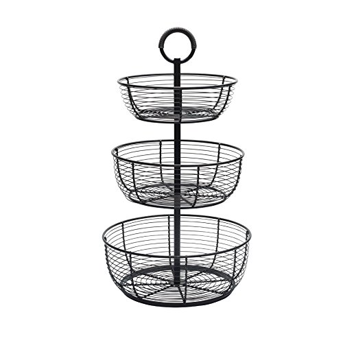 Gourmet Basics by Mikasa Round Wrap 3-Tier Metal Floor Standing Fruit/Home Storage Basket, Easy Assembly, Antique Black