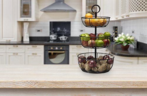 Gourmet Basics by Mikasa Round Wrap 3-Tier Metal Floor Standing Fruit/Home Storage Basket, Easy Assembly, Antique Black