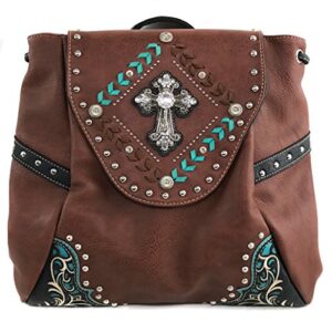 justin west trendy western cross rhinestone leather conceal carry top handle square backpack purse (brown backpack)