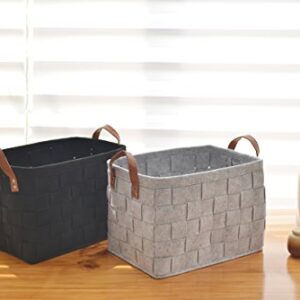 Collapsible Storage Basket Bins, Foldable Handmade Rectangular Felt Fabric Storage Box Cubes Containers with Handles- Large Organizer For Nursery Toys,Kids Room,Towels,Clothes, Black （16"x11.8"x11.5"）