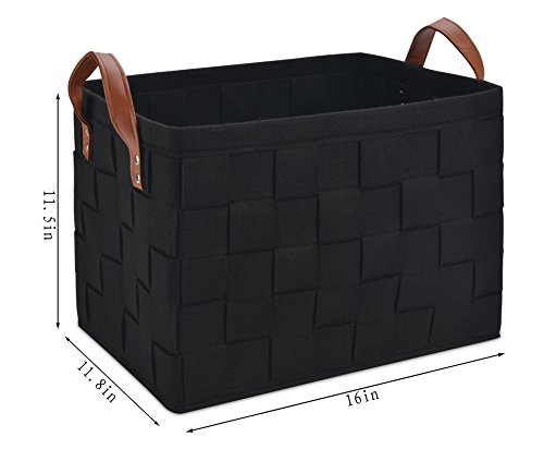 Collapsible Storage Basket Bins, Foldable Handmade Rectangular Felt Fabric Storage Box Cubes Containers with Handles- Large Organizer For Nursery Toys,Kids Room,Towels,Clothes, Black （16"x11.8"x11.5"）