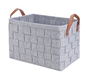 collapsible storage basket bins, foldable handmade rectangular felt fabric storage box cubes containers with handles- large organizer for nursery toys,kids room,towels,clothes, grey （16″x11.8″x11.5″）