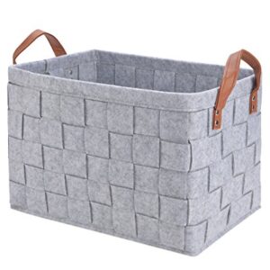 Collapsible Storage Basket Bins, Foldable Handmade Rectangular Felt Fabric Storage Box Cubes Containers with Handles- Large Organizer For Nursery Toys,Kids Room,Towels,Clothes, Grey （16"x11.8"x11.5"）