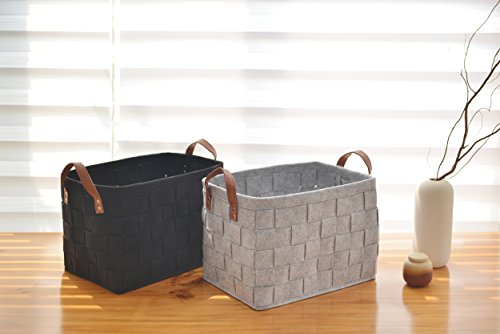 Collapsible Storage Basket Bins, Foldable Handmade Rectangular Felt Fabric Storage Box Cubes Containers with Handles- Large Organizer For Nursery Toys,Kids Room,Towels,Clothes, Grey （16"x11.8"x11.5"）
