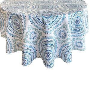 newbridge blue circle stitch contemporary boho chic print indoor/outdoor soil resistant fabric tablecloth, 60” x 84” oval, blue