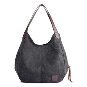 hiigoo fashion women’s multi-pocket cotton canvas handbags shoulder bags totes purses (black)