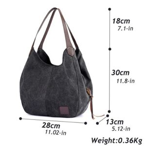 Hiigoo Fashion Women's Multi-pocket Cotton Canvas Handbags Shoulder Bags Totes Purses (Black)