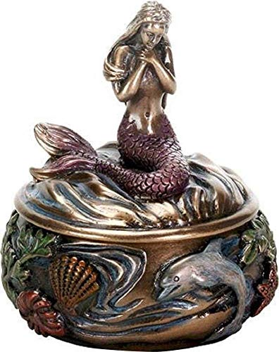 SUMMIT COLLECTION Decorative Art Nouveau Style Sirens of The Sea Mermaid Holding Hand Over Chest Praying Mermaid Fantasy Resin Jewelry Trinket Box 3.25 Inch Tall Faux Bronze