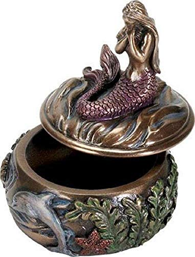 SUMMIT COLLECTION Decorative Art Nouveau Style Sirens of The Sea Mermaid Holding Hand Over Chest Praying Mermaid Fantasy Resin Jewelry Trinket Box 3.25 Inch Tall Faux Bronze