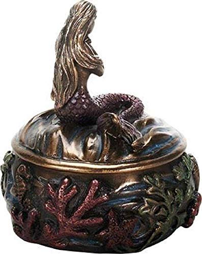 SUMMIT COLLECTION Decorative Art Nouveau Style Sirens of The Sea Mermaid Holding Hand Over Chest Praying Mermaid Fantasy Resin Jewelry Trinket Box 3.25 Inch Tall Faux Bronze