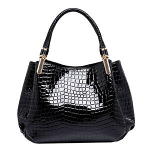 women alligator print top handle bag embossed crocodile pattern handbag tote bag(black)