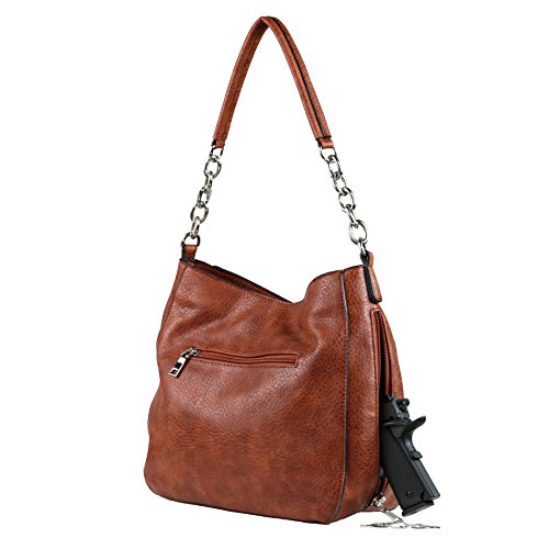Lady Conceal Ashley Chain Concealed Carry Gun Hobo - Faux Leather Womens Concealed Carry Purse - Holstered Crossbody Handbag with Multiple Compartments & YKK Locking - Ambidextrous Access (Mahogany)