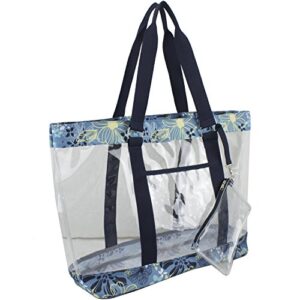 eastsport clear deluxe tote bag with free wristlet, durable, see-through, transparent, zipper closure, perfect for work, sporting events, school and concerts – blue floral