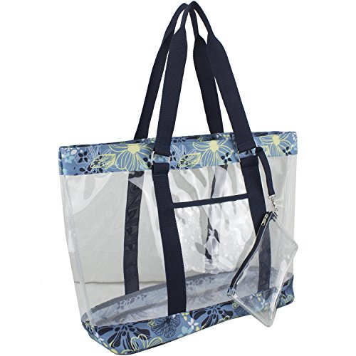 Eastsport Clear Deluxe Tote Bag with FREE Wristlet, Durable, See-Through, Transparent, Zipper Closure, Perfect for Work, Sporting Events, School and Concerts - Blue Floral
